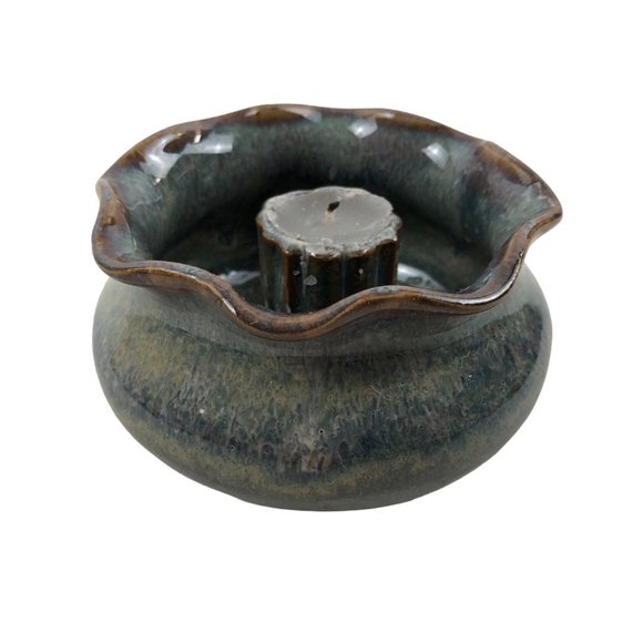 Studio Pottery Single Candlestick Holder Bowl Blue Fluted Edge Hand Signed BAY - Picture 1 of 10